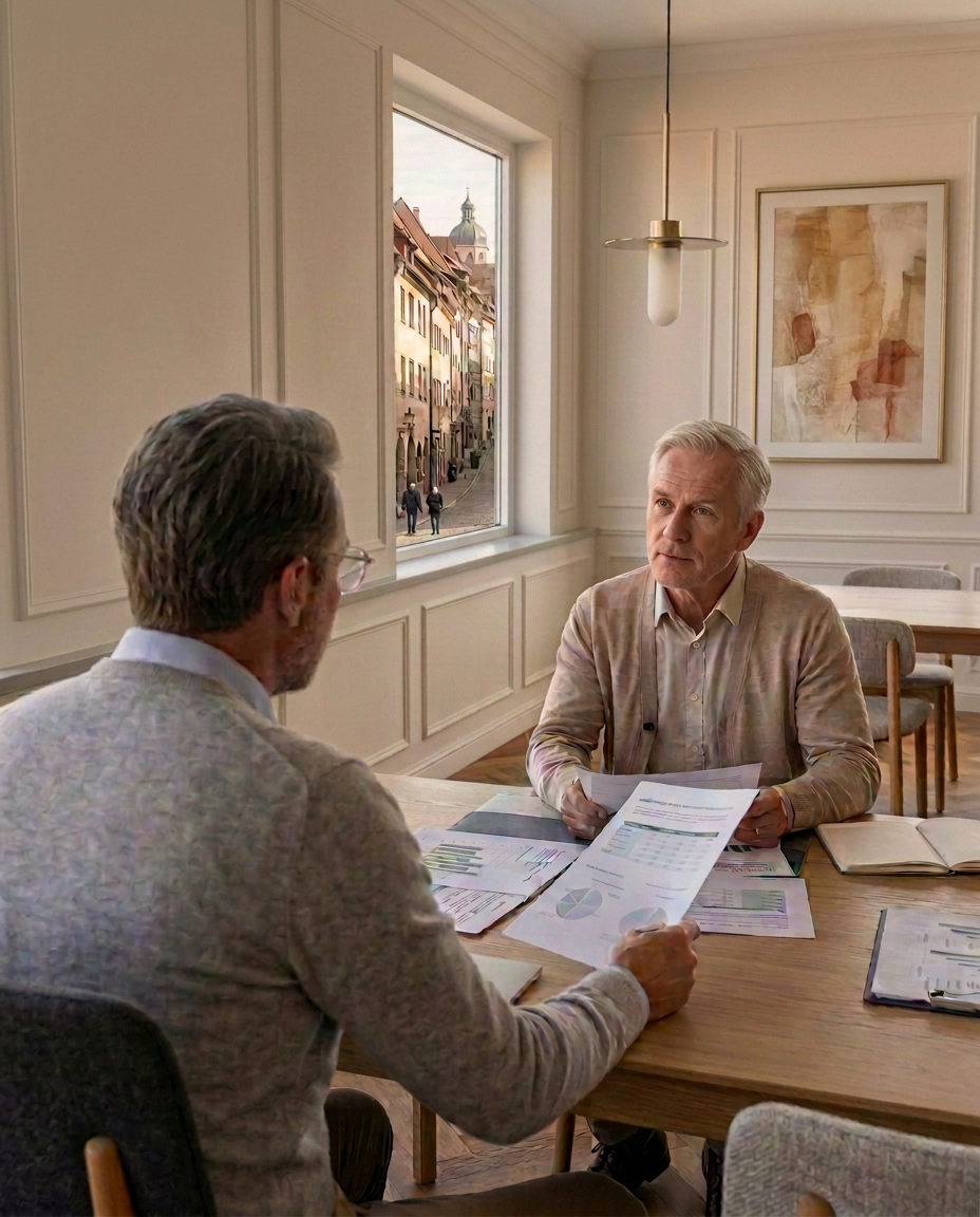 Zwei Männer sitzen sich am Besprechungstisch gegenüber und prüfen Unterlagen